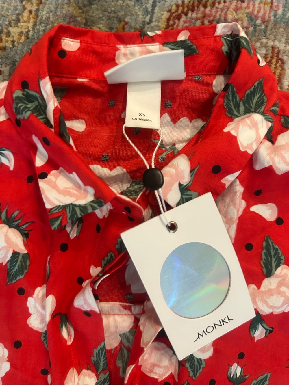 Monki Red Floral Button-Up Blouse with Pink Roses and Green Leaves